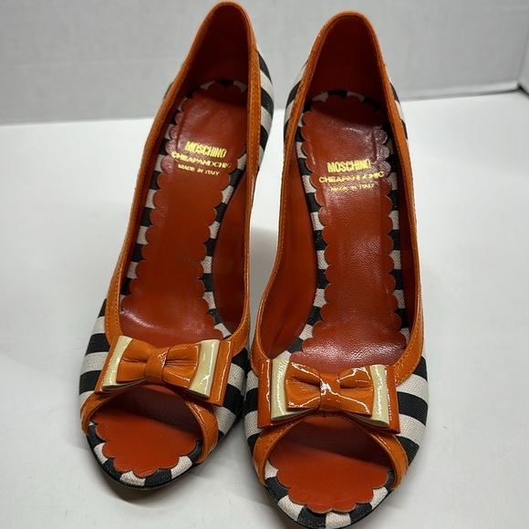 Moschino High Heels Heeled Shoes Peep Toe Bow Striped Black White Orange Size 8 - Picture 3 of 10